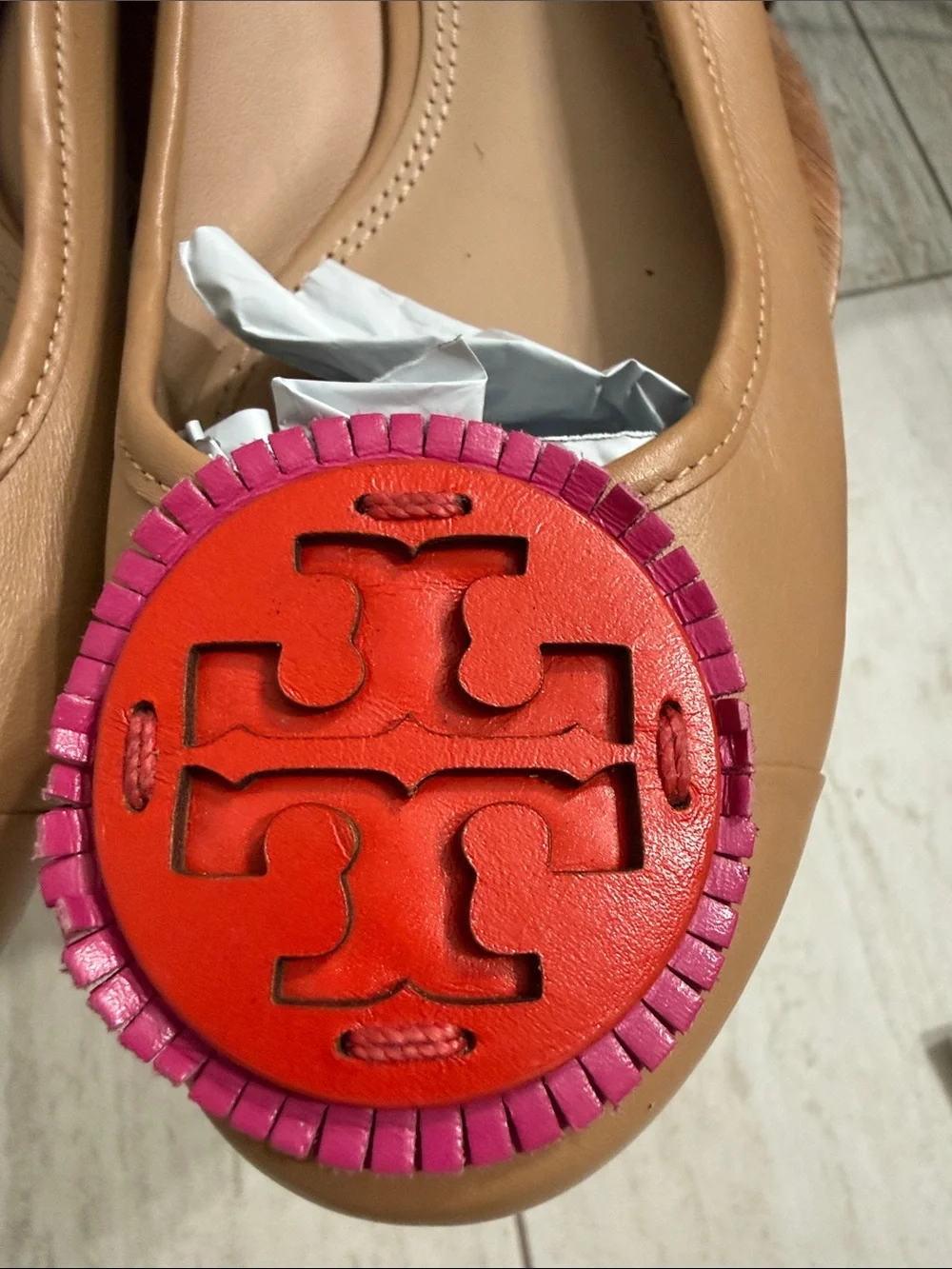 Tory Burch Tan Leather Flats with Pink and Red Logo Medallions ..size 9M
